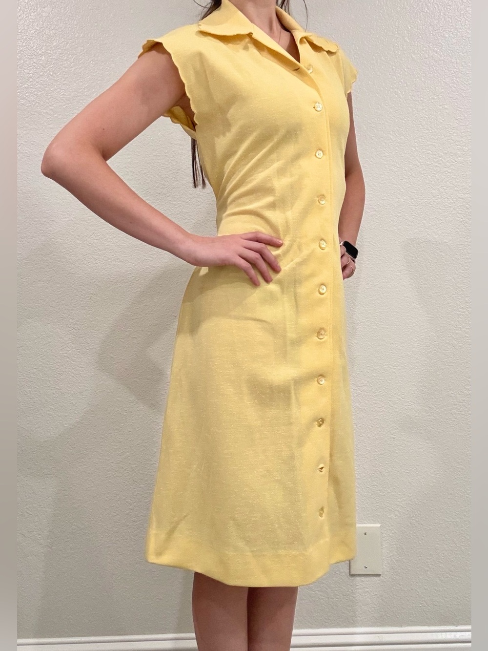 70’s Melissa Lane Butter Yellow Scallop-Collar Button Midi Dress